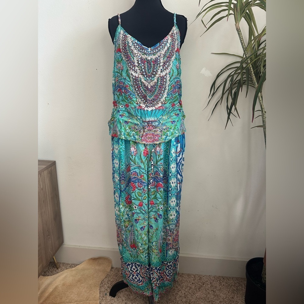 Printed silk BoHo vacation pant set beaded neckline blue floral paisley m/L - Picture 4 of 10